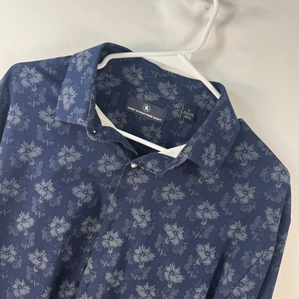 Hart Schaffner Marx Mens Large Navy Blue Floral Stretch Long Sleeve Button Shirt